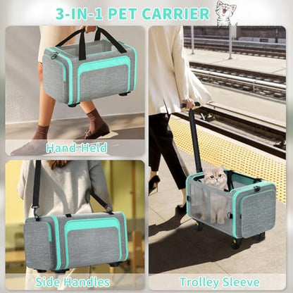 Rolling Pet Carrier with Detachable Wheels - 18x11x11 TSA Airline Approved for Southwest Delta United American, Soft Sided Expandable Travel Bag for Small Dogs & Cats up to 15Lbs, Fits Under Seat - color: Green
