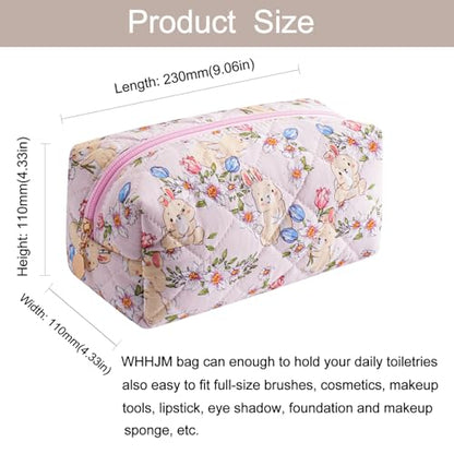 Cute Floral Makeup Bag Small Cotton Quilted Cosmetic Bag, Aesthetic Essential Bag Emergency Bag Gift for Women Girls Travel Accessories (Yellow Rabbit) - color: Yellow Rabbit