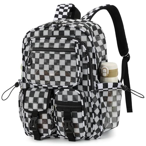 Mesh Backpack for School, Heavy Duty Mesh Bookbags for Women Girls Boys Kids with Inner Laptop Compartment for College, Travel, Beach, Swimming, Sports - Checkered Black - color: Checkered Black