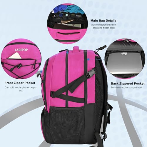LARIPOP Basketball Backpack Large Basketball Bag with Ball Holder & Shoe Compartment for Adults Men Women - color: Pink