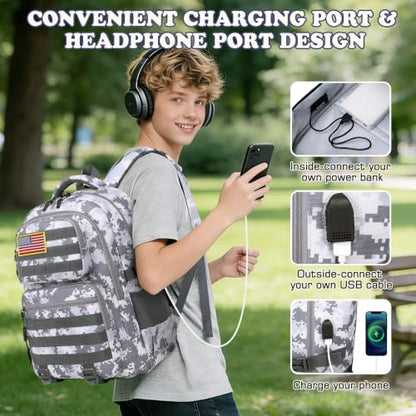 Camo Backpack for Boys, Tactical Boys Backpack with Lunch Box Pencil Case, Kids Backpacks with USB Charging Port, Military Army School Bookbag for Teen Boy Elementary Middle High School Camp - color: Grey