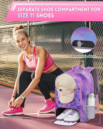 MATEIN Girls Soccer Backpack, Large Basketball Bag with Ball Holder & Shoe Compartment for Tournament & Game Day, Lightweight Youth Sports Bag with Fence Hook Fits 15.6 Inch Laptop, Soccer Team Gifts - color: Star Purple