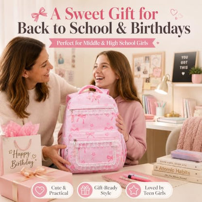LEDAOU School Backpack for Teen Girls Elementary Middle School Bookbag Kids Backpacks Women Laptop Backpack Travel Daypack (Lace Clear Pocket - Bow Pink) - color: Lace Clear Pocket - Bow Pink