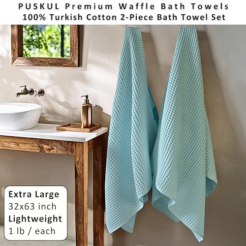 PÜSKÜL Natural 100% Turkish Cotton Waffle Bath Towels Set of 2-Piece | 32x63 Extra Large Absorbent Quick-Dry Lightweight Spa Towel | Luxury Sauna Accessories (Aqua Turquoise Bath Towels - Pack of 2) - color: Turquoise