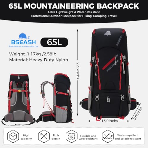 Bseash 65L Waterproof Hiking Camping Backpack with Rain Cover, Outdoor Sport Travel Daypack for Climbing Touring (Black) - color: Black