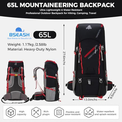 Bseash 65L Waterproof Hiking Camping Backpack with Rain Cover, Outdoor Sport Travel Daypack for Climbing Touring (Black) - color: Black