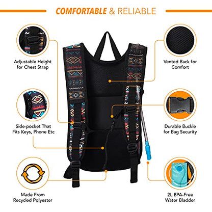 Vibe Festival Gear Rave Hydration Pack Backpack with 2L Water Bladder for Women Men – Festival Hydropack, Hydro Pack, Leak Proof, Lightweight – Teens, Party, Hiking, Running, Outdoor Sports - color: Tribal