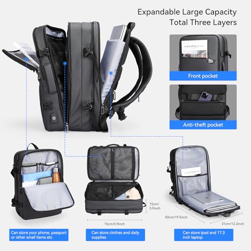 MARK RYDEN Travel Backpack for Men, 40L Airline Approved Carry on Backpack with USB Charging Port, 17.3 Inch Waterproof Business Laptop Backpack - color: Grey