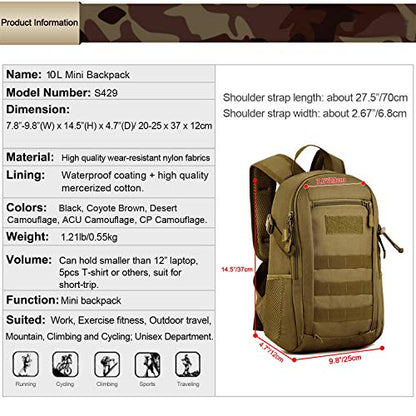 HUNTVP 10L Tactical Backpack Small Backpack Mini Daypack Military MOLLE Rucksack Gear Tactical Assault Pack Bag for Hunting Camping Trekking(10L-ACU Camouflage) - color: Acu Camouflage, size: 10L