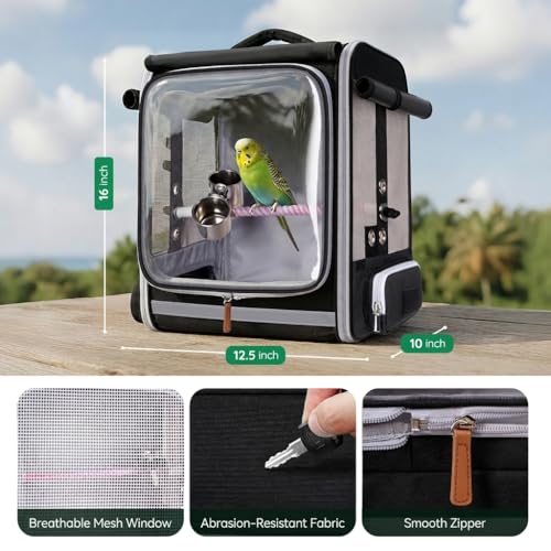 Mancro Bird Carrier Backpack for Small Birds, Cockatiel, Parrot, Bird Backpack with Tray and Standing Perch, Bird Travel Carrier Cage with Clear Window and Breathable Mesh Front for Vet Visits