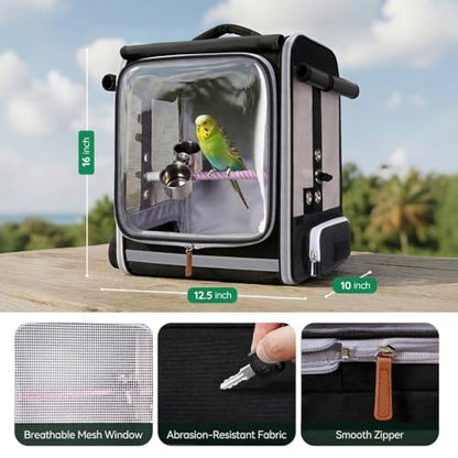 Mancro Bird Carrier Backpack for Small Birds, Cockatiel, Parrot, Bird Backpack with Tray and Standing Perch, Bird Travel Carrier Cage with Clear Window and Breathable Mesh Front for Vet Visits