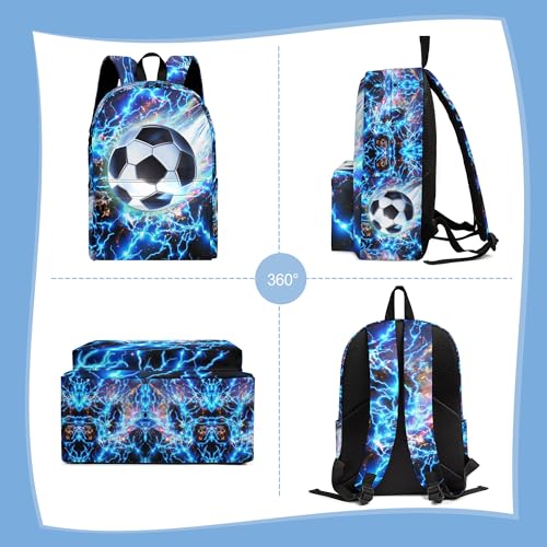 3PCS Backpack for Boys Girls, Kids Backpack Sets with Lunch Bag Pencil Case, Large Capacity 17 Inch Bookpack 3 in 1 Set for Teens Elementary Middle High School Students (Soccer) - color: Blue Soccer
