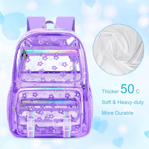 KLFVB See Through Backpack Heavy Duty, 3PCS Girls Clear School Bag Set, Cute Transparent Bookbag for Women - Plum Blossom Purple - color: Plum Blossom Purple Clear Backpack