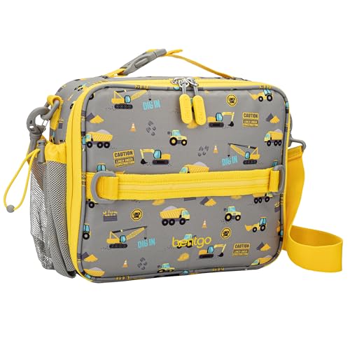 Bentgo Kids Lunch Bag - Durable, Double-Insulated Lunch Bag for Kids 3+; Holds Lunch Box, Water Bottle, & Snacks; Easy-Clean Water-Resistant Fabric & Multiple Zippered Pockets (Construction Trucks) - color: Construction Trucks