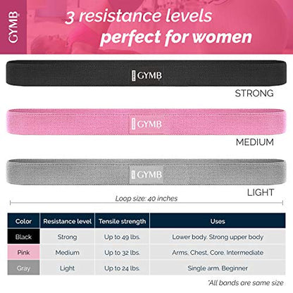 Gymbee Resistance Bands - Non Slip Cloth Exercise Bands to Workout Glutes, Thighs & Legs - Booty Band Training for Gym & Home Fitness, Yoga, Pilates - 3 Levels (Pink, Gray, Black) - Long Bands