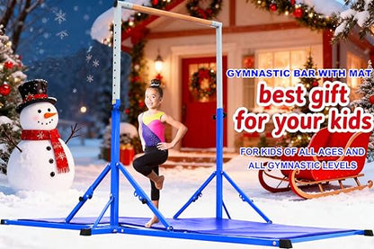 Marfula Gymnastic Bar For Kid and Teenage of 3-25, 5Ft/8 FT Base Length 4Ft Width 5Ft Adjust Height, Gymnastic Kip Bar For Gymnast, Gymnastic Training Equipment For Professional Training Home Club Use - color: Blue (Bar with Mat - 8 Ft Base)