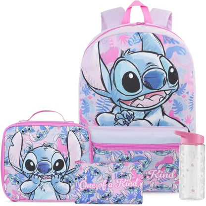 Get Trend Disney Stitch Kids Backpack 4 Piece Set | 18 inch Bookbag, Insulated Lunch Bag, Zipped Pencil Case & BPA-Free Water Bottle for School & Travel, Gifts for Girls - color: Multi Stitch