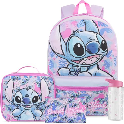 Get Trend Disney Stitch Kids Backpack 4 Piece Set | 18 inch Bookbag, Insulated Lunch Bag, Zipped Pencil Case & BPA-Free Water Bottle for School & Travel, Gifts for Girls - color: Multi Stitch