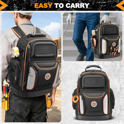 LOKASS 18.1 Inch Tool Backpack, 75 Pockets & Loops Heavy-Duty 1680D Molded Base Tool Bag with Combination Lock for Electrician, HVAC, Construction Workers, Black - color: Black
