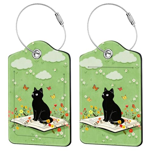 2 Pcs Cat with Book Luggage Tags for Suitcase, Leather Luggage Tags Cute, Privacy Cover ID Label with Stainless Steel Loop & Address Card, Black Cat Travel Bag Tag Luggage Accessories for Suitcases - color: Funny-cat-book
