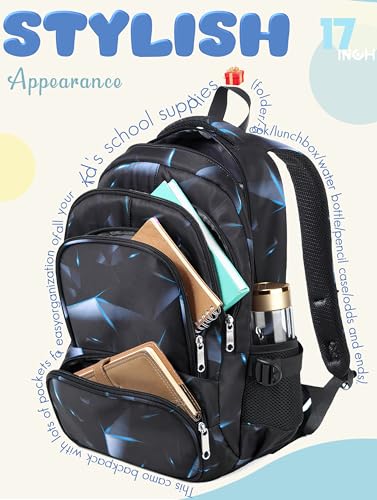 BLUEFAIRY Kids Backpack for Boys Elementary Primary Middle School Bags for Childs Book Bags Bookbags Lightweight Padded Straps Back to School Mochilas para Niños 17" Black/Blue - color: Black Blue