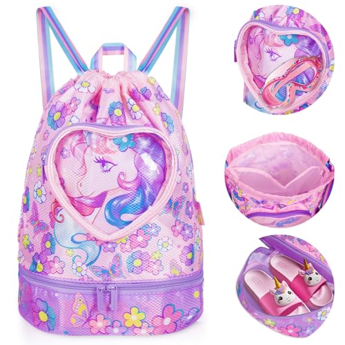 Drawstring Backpack for Kids Girls, Cute Cartoon Unicorn Waterproof Drawstring Bag String Swim Gym Sports Beach Bag with Shoes Compartment and Wet Proof Pocket - color: J06. Unicorn