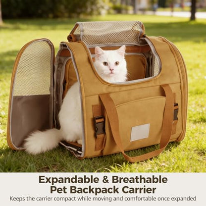 Expandable Pet Backpack Carrier with Ventilated Mesh Top Sides, Folding Travel Backpack with Shoulder Straps Quick-Release Waist Strap Luggage Wrap for Cats Small Dogs Puppies