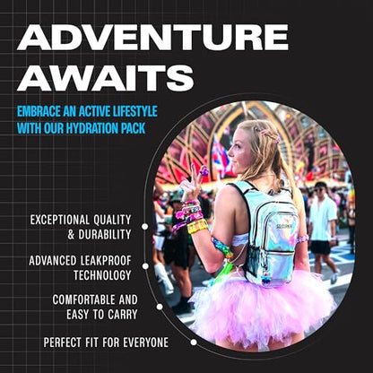 Sojourner Hydration Pack, Hydration Backpack - Water Backpack with 2l Hydration Bladder, Festival Essential - Rave Hydration Pack Hydropack Hydro for Hiking, Running, Biking, Festival Gear - color: Holographic - Silver