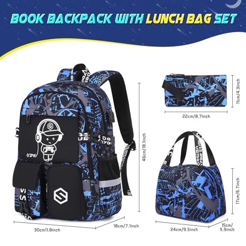 Scothen Boys Backpack, Cool Luminous School Backpacks for Boys with Lunch Bag Pencil Case, Kids Backpack Kindergarten Elementary Middle School Book Bags for Teen Boy Children with USB Charging Port - color: Blue Musicer