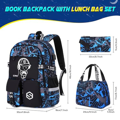 Scothen Boys Backpack, Cool Luminous School Backpacks for Boys with Lunch Bag Pencil Case, Kids Backpack Kindergarten Elementary Middle School Book Bags for Teen Boy Children with USB Charging Port - color: Blue Musicer
