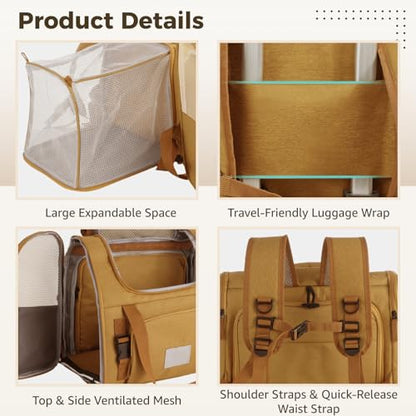 Expandable Pet Backpack Carrier with Ventilated Mesh Top Sides, Folding Travel Backpack with Shoulder Straps Quick-Release Waist Strap Luggage Wrap for Cats Small Dogs Puppies