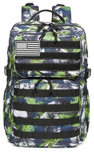 Wotony Military Tactical Backpack for Men Waterproof Daypack 3 Day Assault Pack Molle Bag with Water Bottle Holder - color: Green Leaves, size: 30L