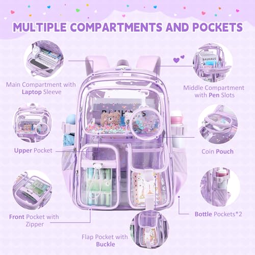 Clear Backpacks for Stadium Events Heavy Duty Clear Bookbag for School Girls Transparent Back Pack, Purple - color: Purple