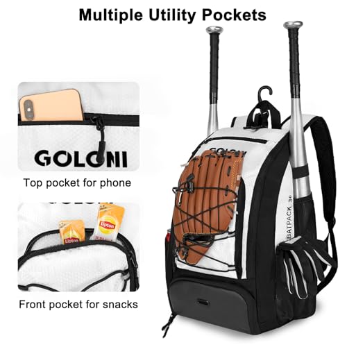 Goloni 40L Baseball Bag, Softball Bat Bag with Shoes Compartment,Fence Hook,Backpack for Baseball, T-Ball & Softball Equipment & Gear - color: White