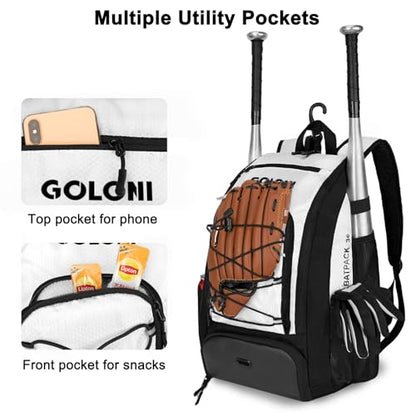 Goloni 40L Baseball Bag, Softball Bat Bag with Shoes Compartment,Fence Hook,Backpack for Baseball, T-Ball & Softball Equipment & Gear - color: White