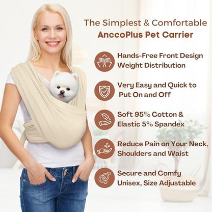 AnccoPlus Hands Free Dog Sling for Small Dogs, Dog Carrier, Beige, Plus | Reduces Back Pain, Front Facing Sling, Hands Free, Size Adjustable, Premium Cotton, Patented Product - color: Beige, size: Plus