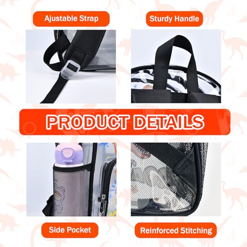 SHPMXUPW 3PCS Clear Black Backpack for School - Dinosaur Kids Clear Backpacks for Boys and Girls, Heavy Duty Transparent Bookbag with Lunch Bag and Pencil Case - See Through PVC Transparent Bookbag - color: Black-Dinosaur