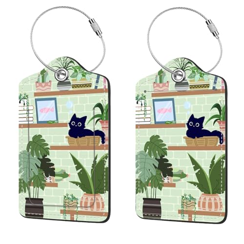 2 Pcs Luggage Tags for Suitcase, Cute Unique PU Leather Travel Bag Tag with Privacy Cover ID Label Address Card and Durable Metal Ring Suitable for Men Women Children Backpack,Cat On The Shelf - color: Cat on the Shelf