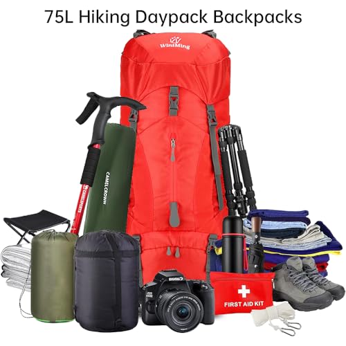 Hiking Backpack for Men and Women 70L+5L Waterproof Lightweight Camping Daypack with Rain Cover for Outdoor Travel Mountaineering - Frameless (Red) - color: Red