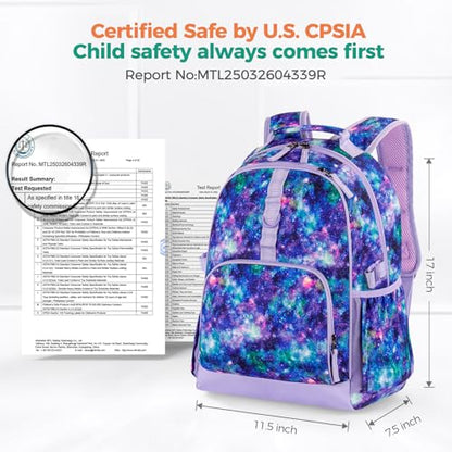 Choco Mocha Kids Backpack for Girls Galaxy Backpack Kids Elementary School Backpack for Girls Ages 6-8 Kid Bookbag 17 Inch with Chest Strap, Purple - color: Purple-galaxy
