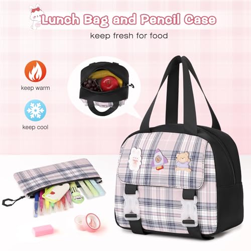 3PCS School Backpack for Girls, Girls Backpack with Lunch Box, Pencil Case, Cute Kawaii Plaid Book Bag for Teen Girl Kindergarten Elementary Preschool Middle High School, Black Pink - color: Black