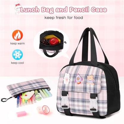3PCS School Backpack for Girls, Girls Backpack with Lunch Box, Pencil Case, Cute Kawaii Plaid Book Bag for Teen Girl Kindergarten Elementary Preschool Middle High School, Black Pink - color: Black