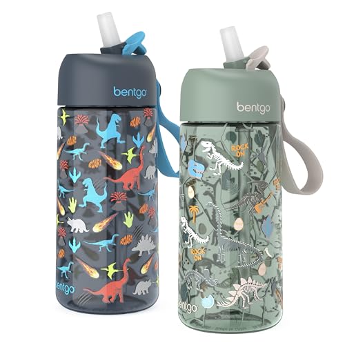 Bentgo Kids Water Bottle 2-Pack - Leak-Proof Durable Tritan BPA-Free 15 oz Cup for Kids/Toddlers Ages 3+; Bite & Sip Spout + Dishwasher Safe for School/Sports/Daycare/Camp (Dinosaur/Dino Fossils) - color: Dinosaur & Dino Fossils