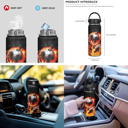 ZOUTAIRONG School Bags for Boys 7-10/10-12/12-16, Flaming Water Soccer Ball Design Insulated Water Bottle for Hot & Cold Drinks, Casual Cute Backpack with Side Pockets - color: Flaming Water Soccer Ball Design