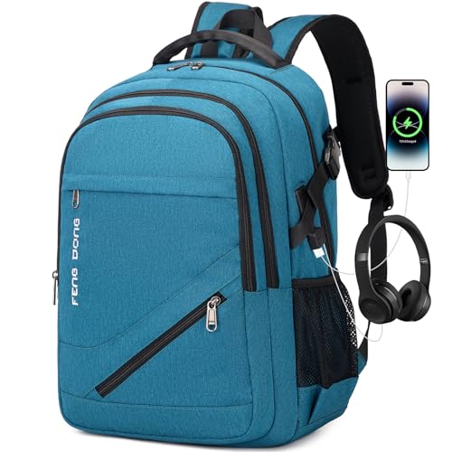 FENGDONG 17.3 inch Large Laptop Backpack Durable Waterproof Travel College Backpack Bookbag for Men & Women Business Backpack with USB Charging Port and Headset Port Light Teal - color: A3-teal