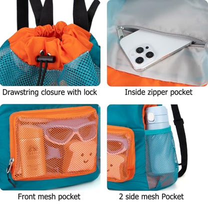 Swim Bag for Kids Mesh Beach Backpack for Boys Lightweight Drawstring Beach Bag Swimming Pool Sports Gym String Bag (Green) - color: Green