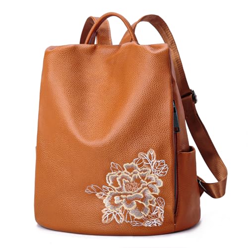 BOYATU Genuine Leather Backpack for Women: Elegant Floral Designer Purse - Small Shoulder Bag for Travel (Brown) - color: Z-brown