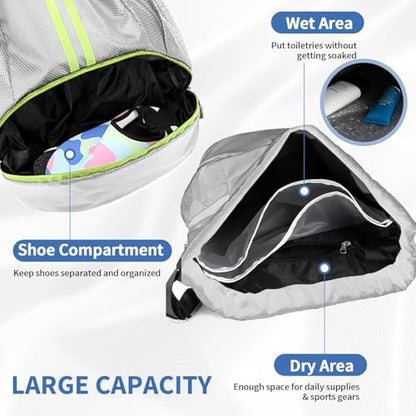 Drawstring Backpack Gym Bag with Shoe Compartment - Ideal for Basketball, Swimming, Beach Activities, Unisex - color: Silver Grey