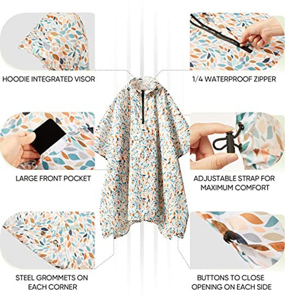 PTEROMY 3-in-1 Hooded Rain Poncho for Adult with Pocket, Waterproof Lightweight Unisex Raincoat for Hiking Camping Emergency - color: Mosaic 1/4 Zipper