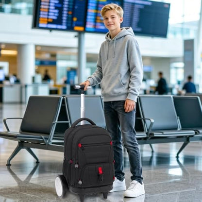 CCJPX 3Pcs Men & Boys Rolling Backpack with Bigger Wheels, Extra-Large Wheeled Bookbag with Lunch Box, Water Resistant Extra-Large Roller Luggage for Travel, Work, College (Black) - color: Black(upgrade Large Wheel)